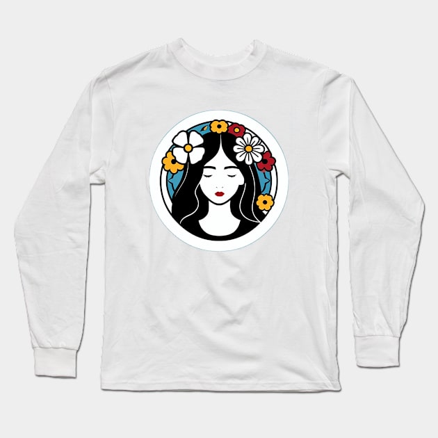 Simple Lineart of a Young Woman Surrounded by Flowers Long Sleeve T-Shirt by CursedContent